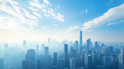 Fototapeta premium City Skyline and Skyscrapers Under Blue Sky and White Clouds Aerial View