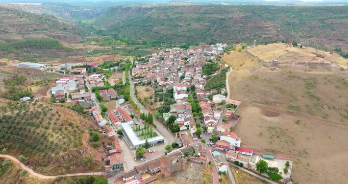 Aerial flight over the city of Alcaraz linear