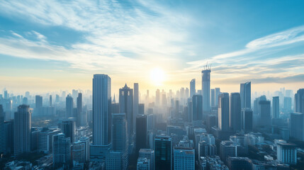 Obraz premium City Skyline and Skyscrapers Under Blue Sky and White Clouds Aerial View