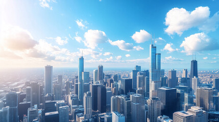 Fototapeta premium City Skyline and Skyscrapers Under Blue Sky and White Clouds Aerial View