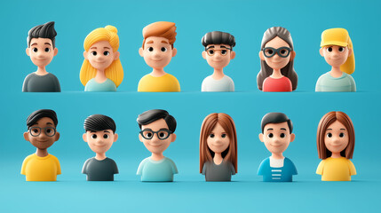 Trendy realistic cartoon user profile icons featuring diverse characters on a bright blue background