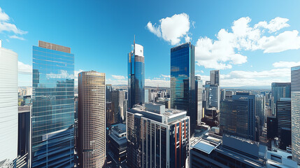 Obraz premium City Skyline and Skyscrapers Under Blue Sky and White Clouds Aerial View