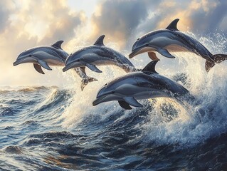 Fototapeta premium four dolphins leaping gracefully from a cresting wave in the ocean capturing the essence of freedom and joy of marine life against a sparkling blue sea