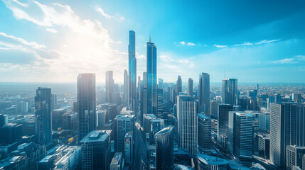 City Skyline and Skyscrapers Under Blue Sky and White Clouds Aerial View