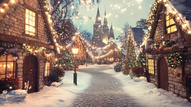 Cozy village with twinkling Christmas lights, snow-covered rooftops, cobblestone streets reflecting warm holiday glow, evoking traditional celebration.