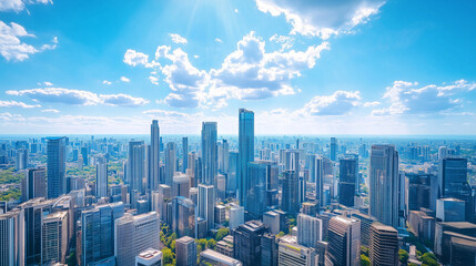 City Skyline and Skyscrapers Under Blue Sky and White Clouds Aerial View