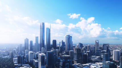 Obraz premium City Skyline and Skyscrapers Under Blue Sky and White Clouds Aerial View