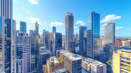 Obraz premium Aerial View of City Skyline and High-Rise Buildings Under Blue Sky and White Clouds