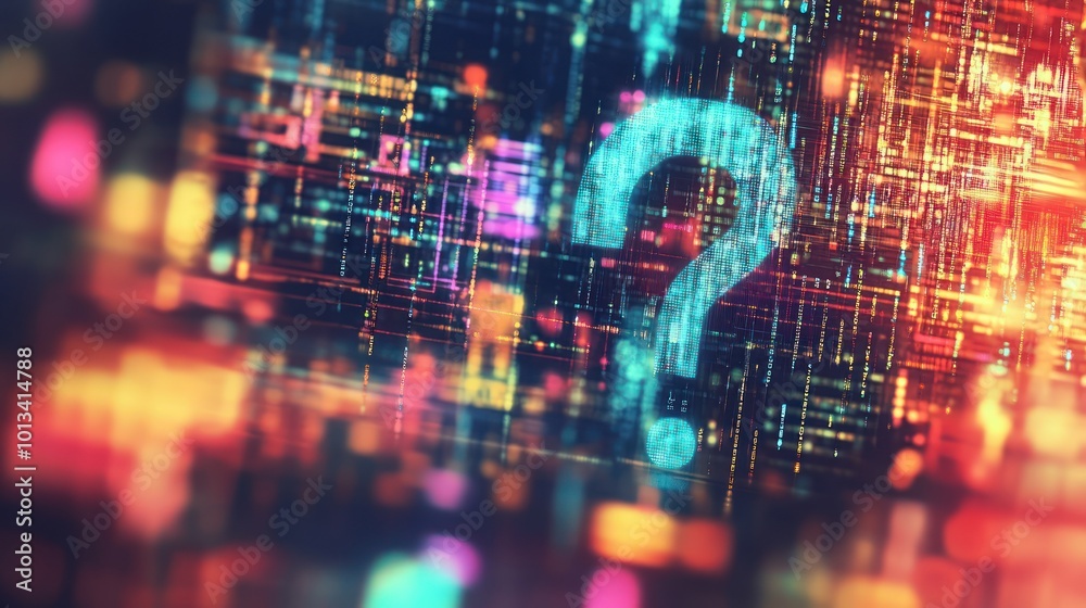 Poster abstract digital background featuring a glowing question mark amidst vibrant data patterns.