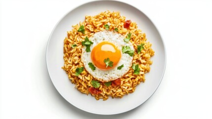 Kedgeree on a plate, on white plain isolated, top view