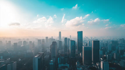 Fototapeta premium Aerial View of City Skyline and High-Rise Buildings Under Blue Sky and White Clouds