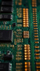 Illuminated printed circuit board showing electronic component production.