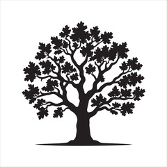 Oak Tree Vector illustration in black and white - Oak Plant Silhouette Design
