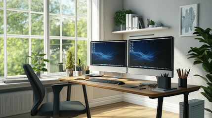 Modern office setup featuring dual monitors with a clean, minimalist desk. Large windows allow natural light to brighten the workspace, creating an inviting and productive environment.