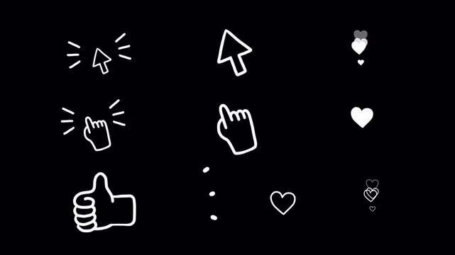 Set of Hand-Drawn social media animated Icons, clean white outline doodle scribble for content creator:  Like icons, Popped Hearts, share, love, cursor, hand: alpha channel, transparent background