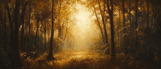 Fototapeta premium Morning Sunlight Through Lush Forest Trees