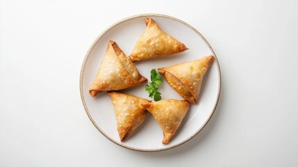 Samosa on a plate, on white plain isolated, top view