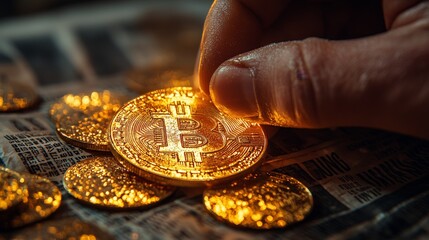 A hand holds a glowing Bitcoin over scattered coins on newspaper.