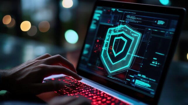 Person typing on a laptop with a glowing shield icon on the screen
