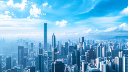 Fototapeta premium Aerial View of City Skyline and High-Rise Buildings Under Blue Sky and White Clouds
