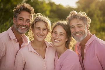 Pink October. Breast cancer awareness month. A family photo with everyone wearing pink shirts and smiling.