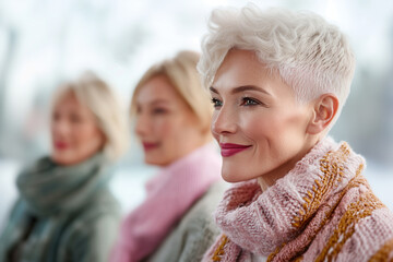 Pink October. Breast cancer awareness month. Women of different ages sharing their stories at a breast cancer awareness event.