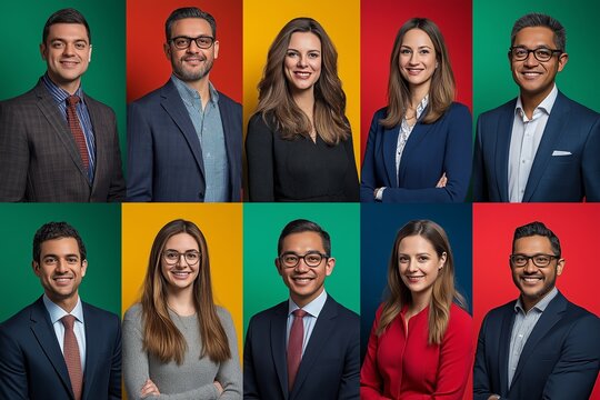 Group of people are posing for a photo. They are all wearing suits, ties. There are at least people in photo. diverse people in business casual clothing on colored backgrounds with faces blurred out