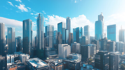 Obraz premium Aerial View of City Skyline and High-Rise Buildings Under Blue Sky and White Clouds