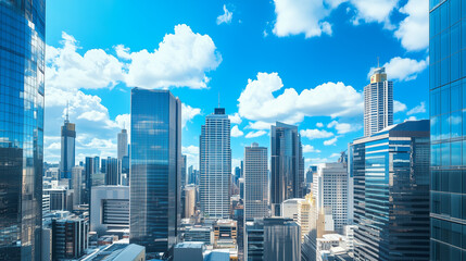 Obraz premium Aerial View of City Skyline and High-Rise Buildings Under Blue Sky and White Clouds