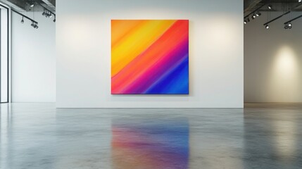 A minimalist art gallery with polished concrete floors, featuring a single vibrant canvas hung on a white wall under subtle spotlighting. 
