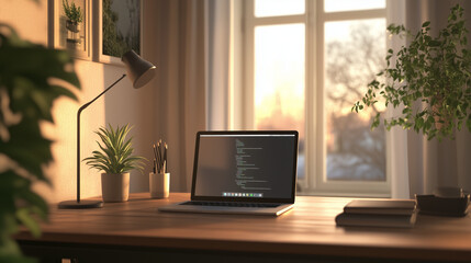 A cozy home office setup featuring a wooden desk, a laptop, houseplants, and minimalistic decor, bathed in soft natural light from a large window, creating a productive ambiance.