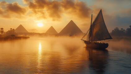 Fototapeta premium A sailboat with white sails is sailing on the Nile in front of three large pyramids, sunset, orange sky, bright colors.