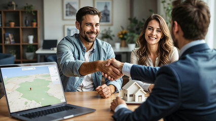a happy couple shaking hands with a real estate agent in a modern office, symbolizing the successful completion of a property deal, with a laptop displaying a map and a small house model on the desk