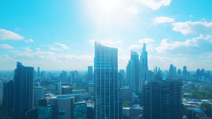 Obraz premium City Skyline and Skyscrapers Under Blue Sky and White Clouds Aerial View