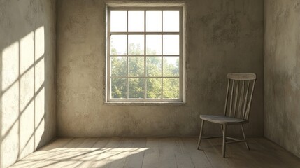 Fototapeta premium A single wooden chair sits in a simple room with a large window overlooking a tree-filled view. Sunlight streams through the window, casting long shadows on the wooden floor.