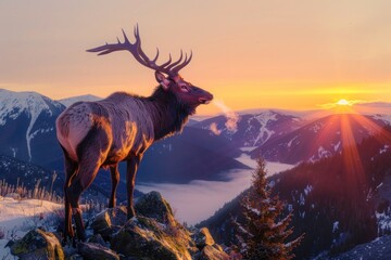 A majestic elk standing on a mountain ridge at sunrise, its breath visible in the crisp morning air.