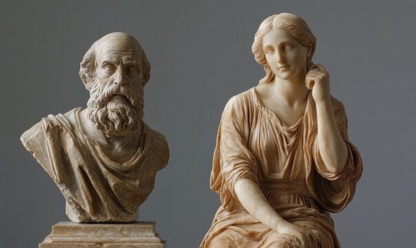 Two marble statues of a man and a woman.