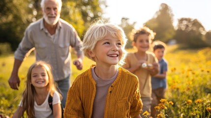 Family enjoying a sunny picnic at the park, with grandparents leading a scavenger hunt for the children