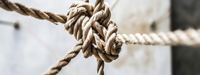 A large web of tangled ropes symbolizing complex business relationships and antitrust issues. Tangled,intertwined,interconnected,antitrust,monopoly,competition,fairness