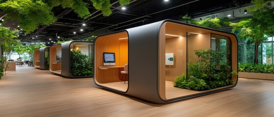 Obraz premium Modern Office Space with Greenery and Artificial Grass Floor.