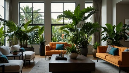 Lush arrangement of tropical houseplants in a modern living room.