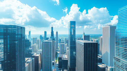 Fototapeta premium City Skyline and Skyscrapers Under Blue Sky and White Clouds Aerial View
