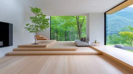 Modern Living Room with Wooden Floor and Sloping Ceiling.