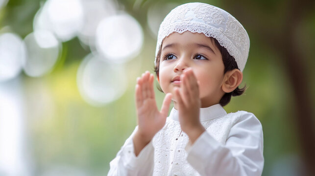 Portrait of little muslim kid praying