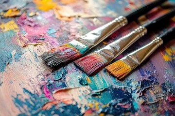 Fototapeta premium Three paintbrushes resting on a colorful palette with thick oil paint