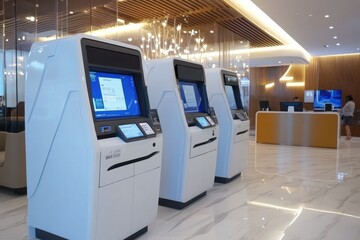Modern bank lobby featuring interactive teller machines