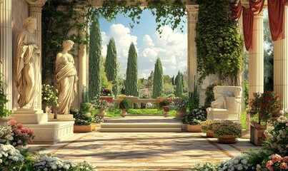 Statues, pillars, and flowers in a Roman garden.