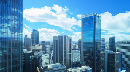 City Skyline and Skyscrapers Under Blue Sky and White Clouds Aerial View