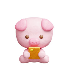3D cute pig watching on smartphone, Cartoon animal character, 3D rendering.