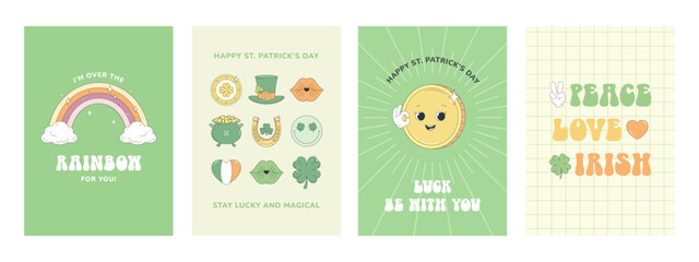 St. Patrick's Day greeting cards with holiday symbols. Leprechaun hat, pot of gold, horseshoe, shamrock, gold coin, rainbow. Retro groovy style.